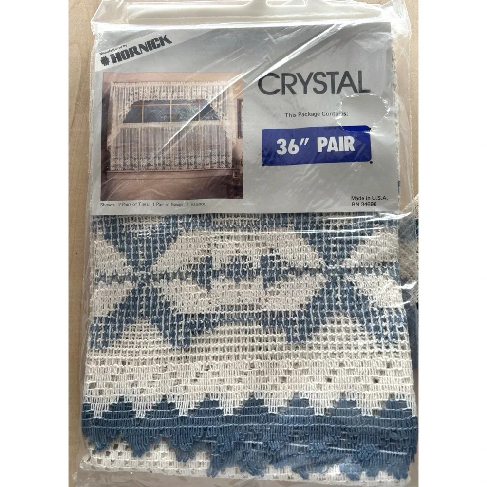 Vintage Curtain Tiers Blue White Scandinavian Open Weave New 36
